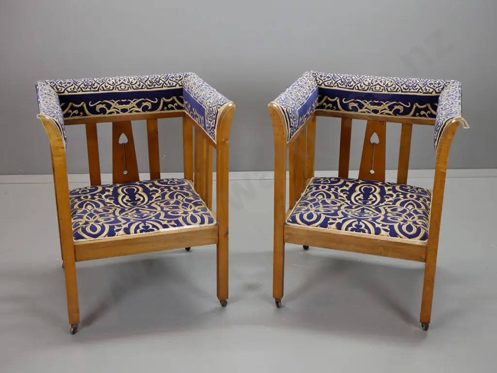 pair of oak and beech arts & crafts style chairs w/slatted sides, shaped & pierced back splat, blue & gold fabric on Image 1++