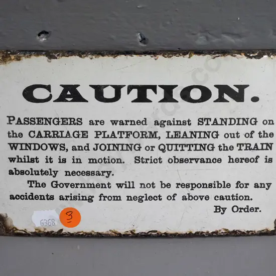 small enamelled and printed metal railway platform or carriage Caution sign - wear and chipping around edges H-125 W-210