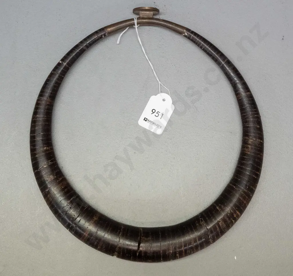 Nias Island coconut shell and brass or bronze torque / necklace - some cracking and loss to coconut fibre H-260 W-240 Image 1++