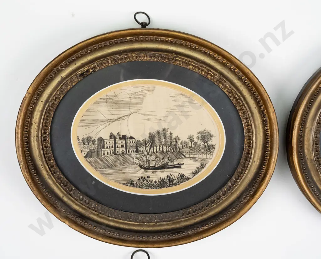 set of 4 gilt framed vintage watercolours on silk (some ageing to frames & silk work) each overall H-260 W-220 Image 1++