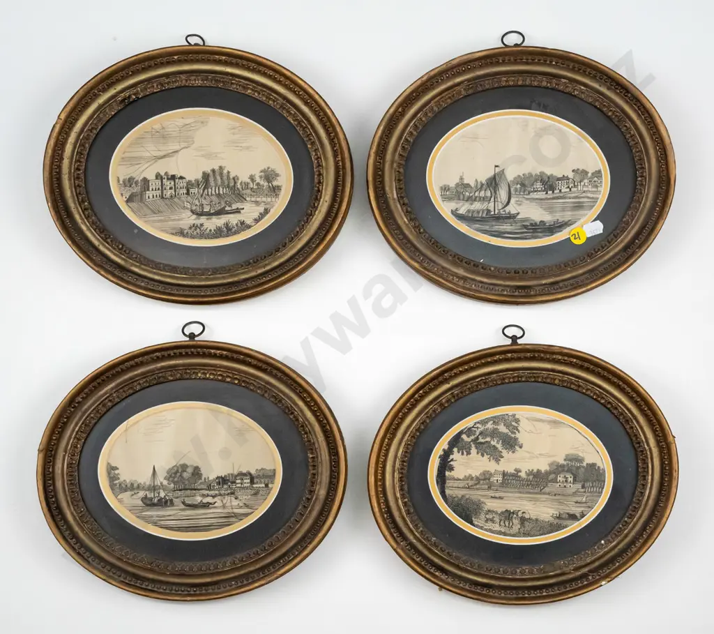set of 4 gilt framed vintage watercolours on silk (some ageing to frames & silk work) each overall H-260 W-220 Image 1++