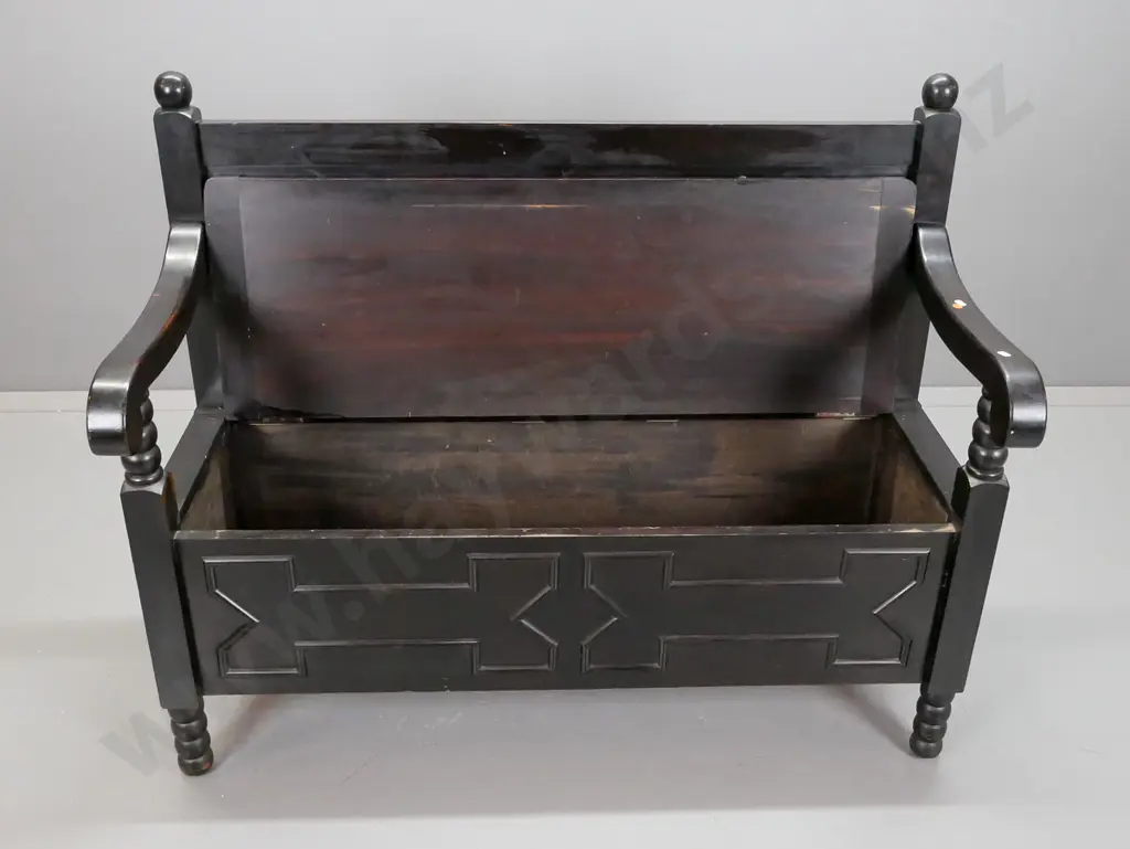 vintage dark stained Jacobean style settle w/ panelled back and lift-up seat, sweeping arms, bobbin turned supports and Image 1++