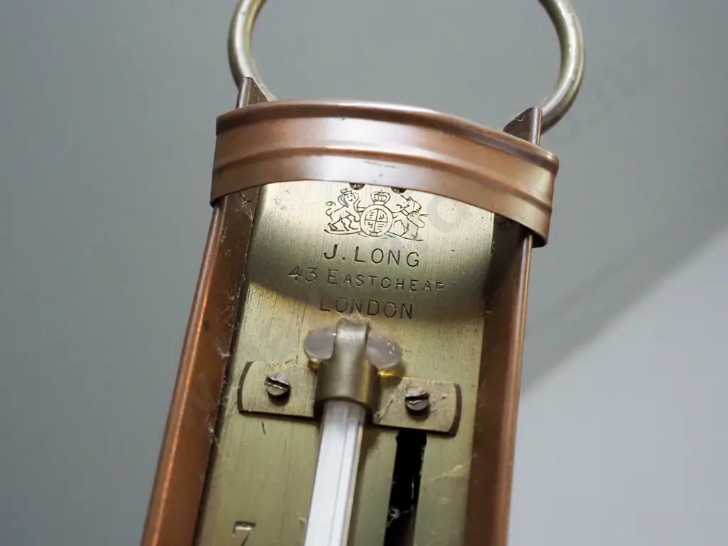 vintage copper and brass hanging (brewer's?) thermometer marked J. Long, London - mercury filled bulb, has movable Image 1++