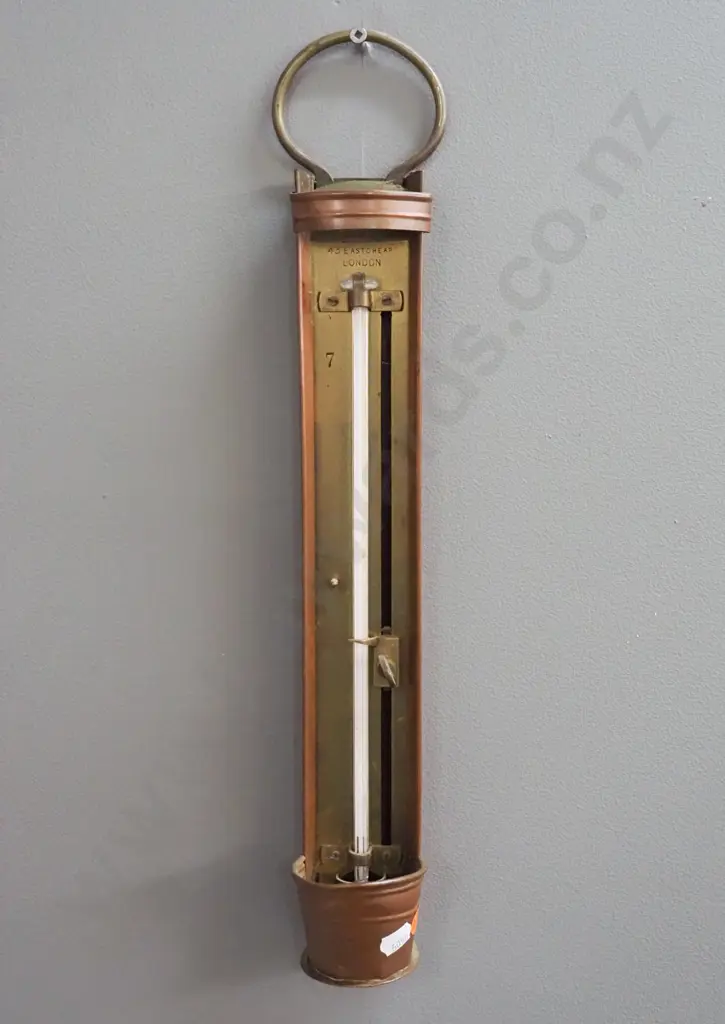 vintage copper and brass hanging (brewer's?) thermometer marked J. Long, London - mercury filled bulb, has movable Image 1++