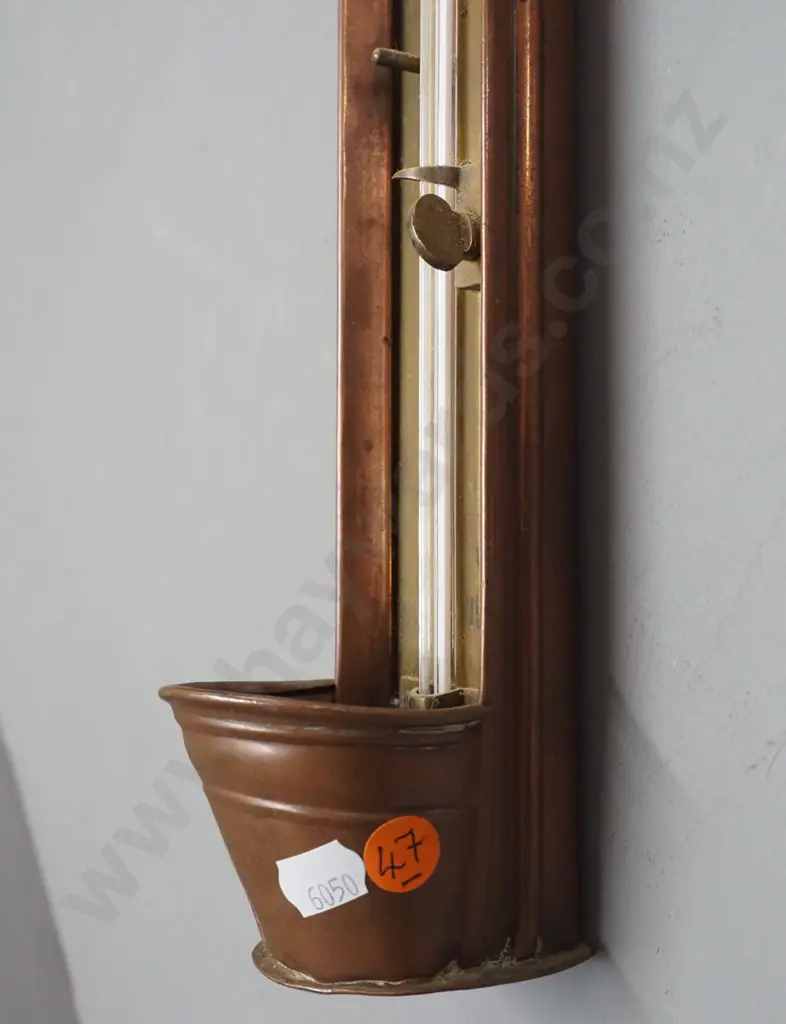 vintage copper and brass hanging (brewer's?) thermometer marked J. Long, London - mercury filled bulb, has movable Image 1++
