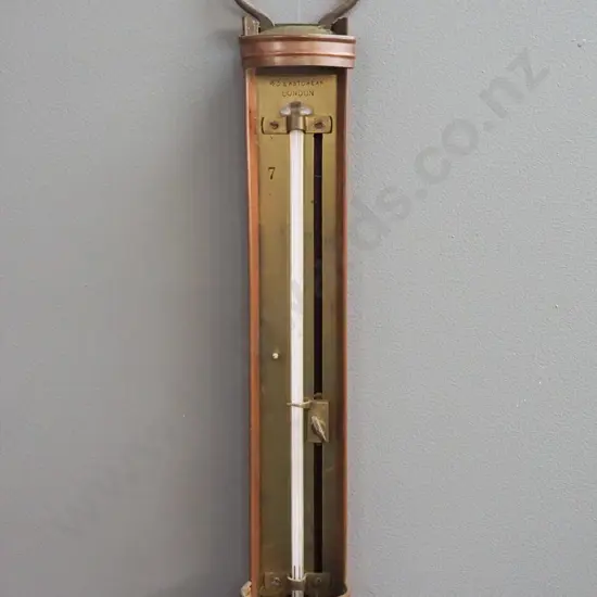 vintage copper and brass hanging (brewer's?) thermometer marked J. Long, London - mercury filled bulb, has movable