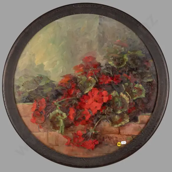 Alice R Lothian 1924 - framed oil on board - flowers on brick wall Diam490