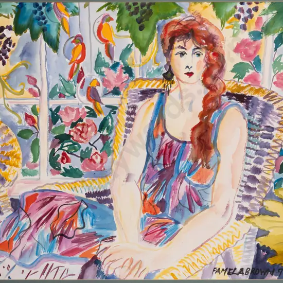 Pamela Brown '91 - framed watercolour - female portrait H540 W740