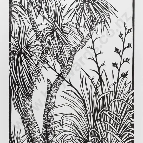 Jono More 06 - wood block print 51/100 - "Cabbage Tree" H440 W260