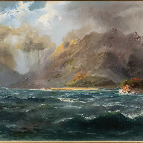 James  Peele 1889 - framed oil on board "Entrance George Sound January 14th 1891" H280 W440