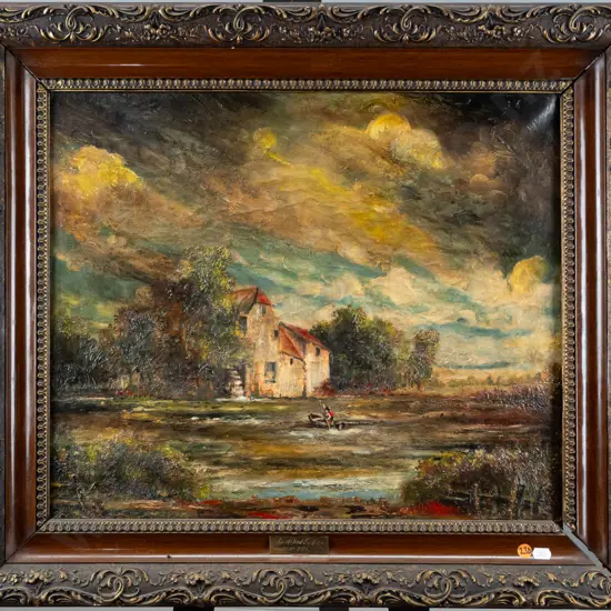 Sir Alfred East 1849-1913 - framed oil on canvas - soldier rowing boat by mill house H420 W500 (frame needs attention)