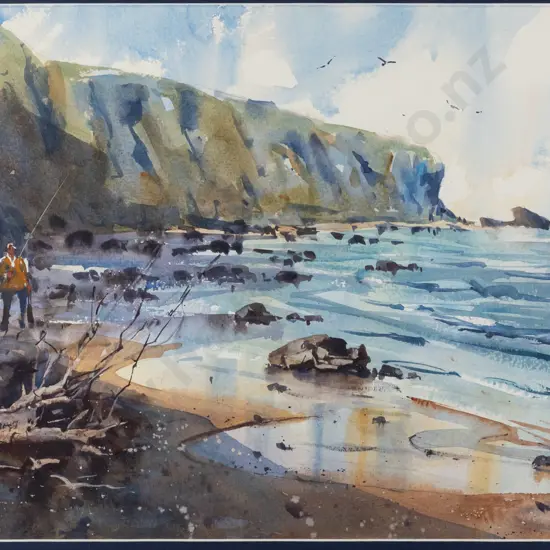 Jacky Pearson - framed watercolour - fishing coastal scene H310 W480