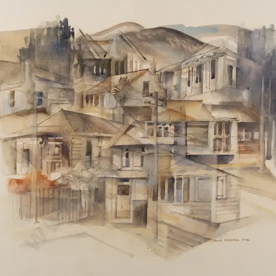 Julia Faithful 1976 -  framed watercolour - city scape H320 W360