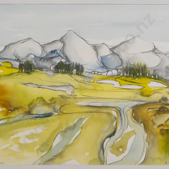 M Sterning '80 - unframed pencil and watercolour - river and mountain scene H235 W335