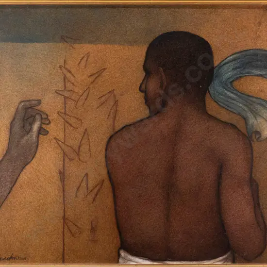 Chandra Bhattacharya 2001 - framed oil on canvas - male portrait from behind, with hand H590 W640