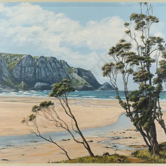Lily Thomson 1998 - framed acrylic on board "Purakanui Bay, South Otago" H390 W590