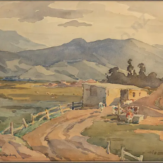 Gwyneth Richardson - framed watercolour "Otago Landscape" H350 W450