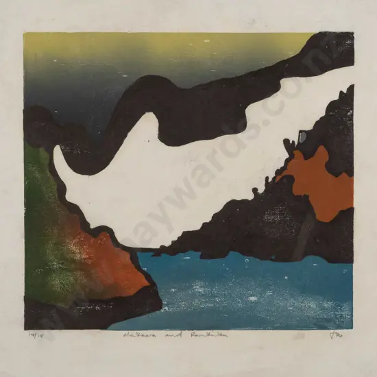 J '74 - unframed screenprint 14/15 - illegible title H225 W255 (slight creasing and age marks)