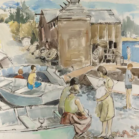 Shona McFarlane - framed watercolour - people by beach H480 W580 (foxing)