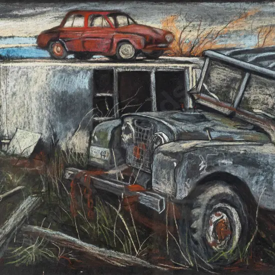 Liz Abbott - framed conte pastel on paper - old Land Rover H310 W510