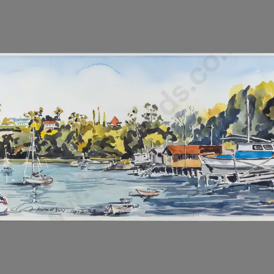 Bruce Hogson - framed watercolour "Port Chalmers Boat Club"  H240 W550