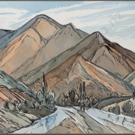 illegible signature - framed pastel and watercolour - river and landscape scene H370 W550 (slight foxing)