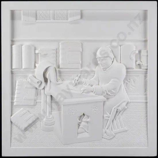 Marcus Wainwright - framed plaster molding of original stone work - medieval scene, man at desk H350 W350