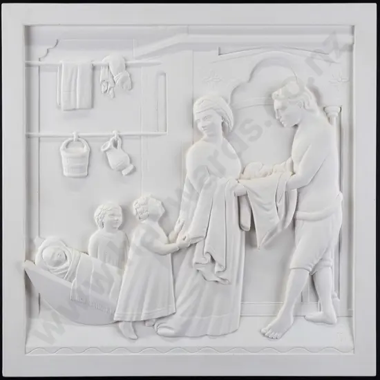 Marcus Wainwright - framed plaster molding of original stone work - medieval family scene H350 W350