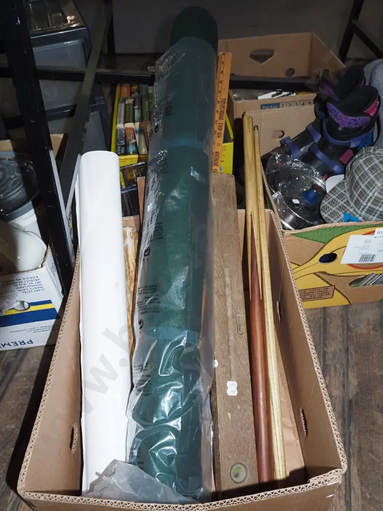 box; builder's level, pool cues, Gordon Walters poster prints Image 1++