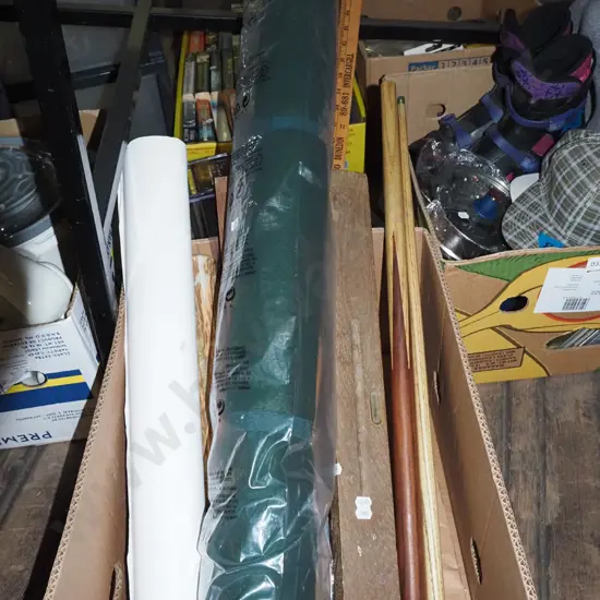 box; builder's level, pool cues, Gordon Walters poster prints