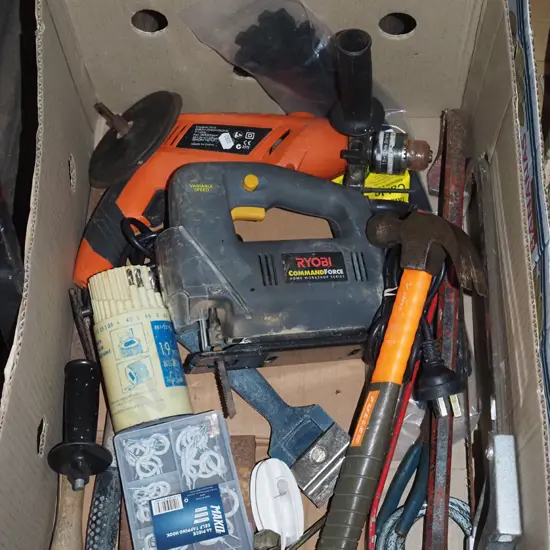 box of tools; hammers, jigsaw, drill etc