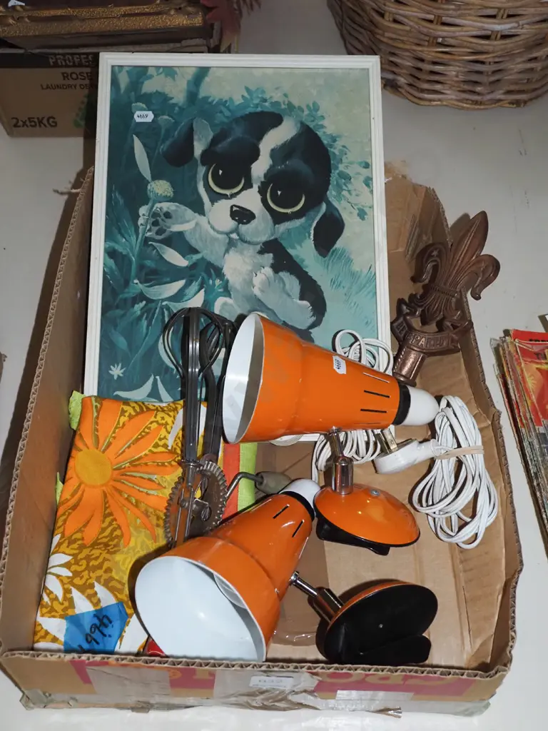 box; puppy print, towel, egg beater, 2x vintage orange headboard lights Image 1++