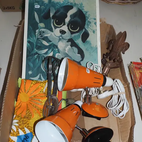 box; puppy print, towel, egg beater, 2x vintage orange headboard lights