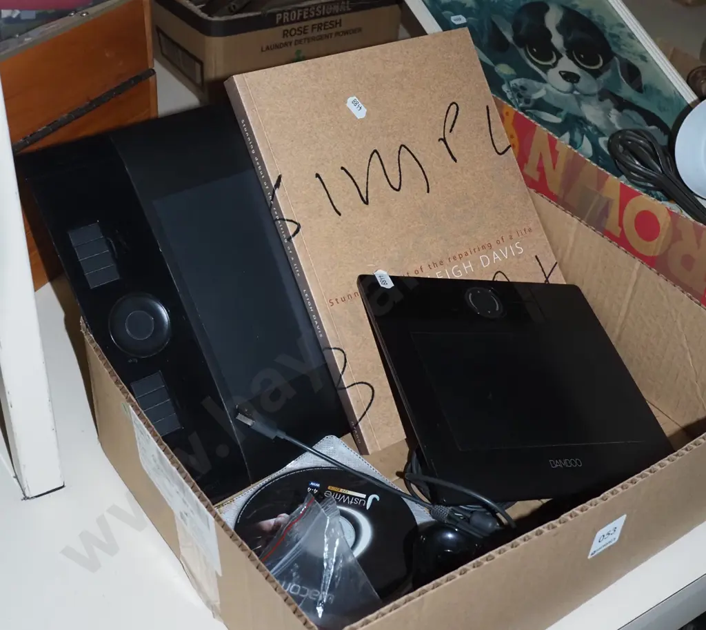 box; 2x computer writing tablets, google chromecast poetry book Image 1++