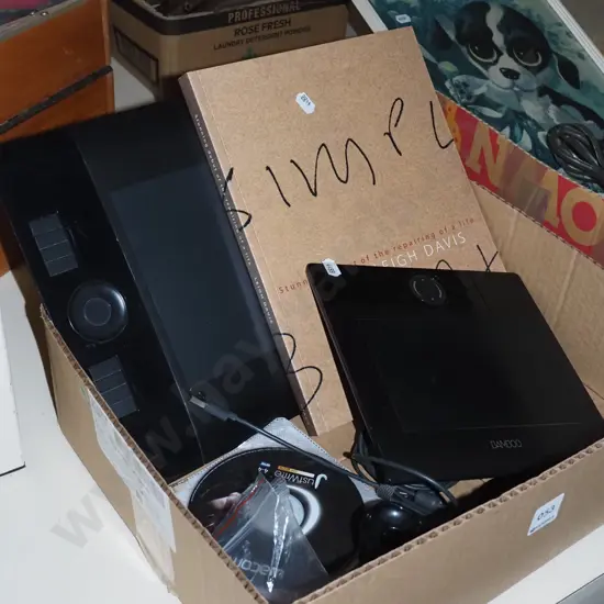 box; 2x computer writing tablets, google chromecast poetry book
