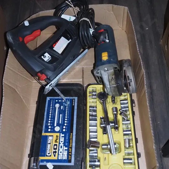 box; angle grinder, jigsaw, 40 piece socket set
