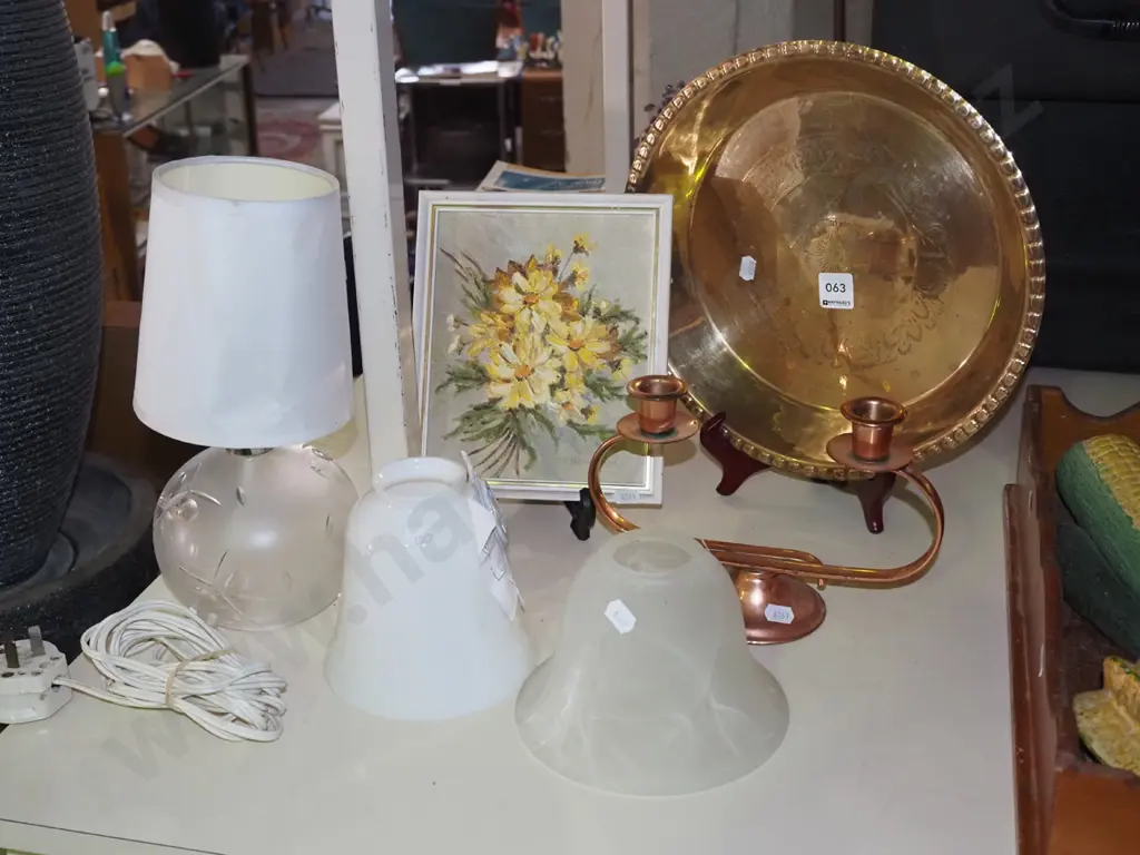brass bowl, copper candelabra, small painting, table lamp etc Image 1++
