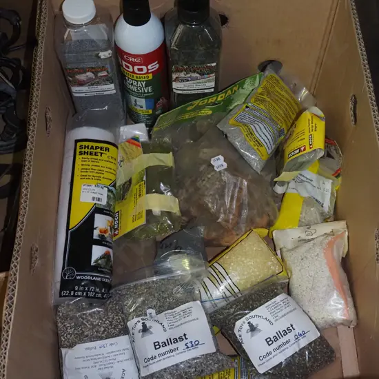 box; model railway layout accessories, different gravels, glues, shaper sheet etc