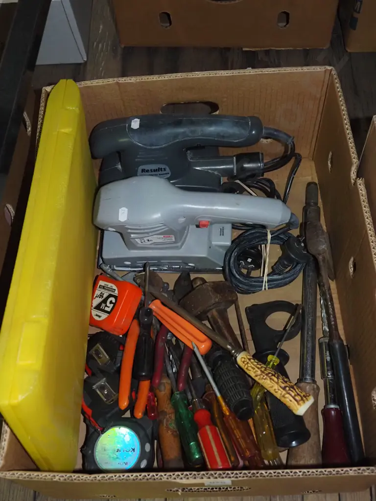 box of tools; screwdrivers, hatchet, sanders etc Image 1++