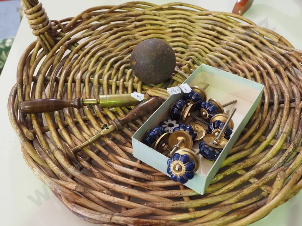 ornate cupboard handles, small canon ball, cane basket etc Image 1++