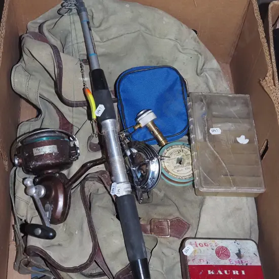 box; fishing bag, rod, reel etc