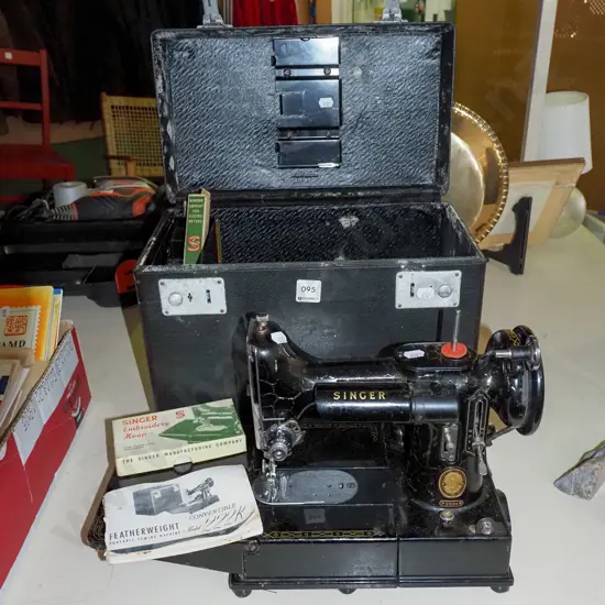 Singer convertible 222k sewing machine with original case, manual, accessories