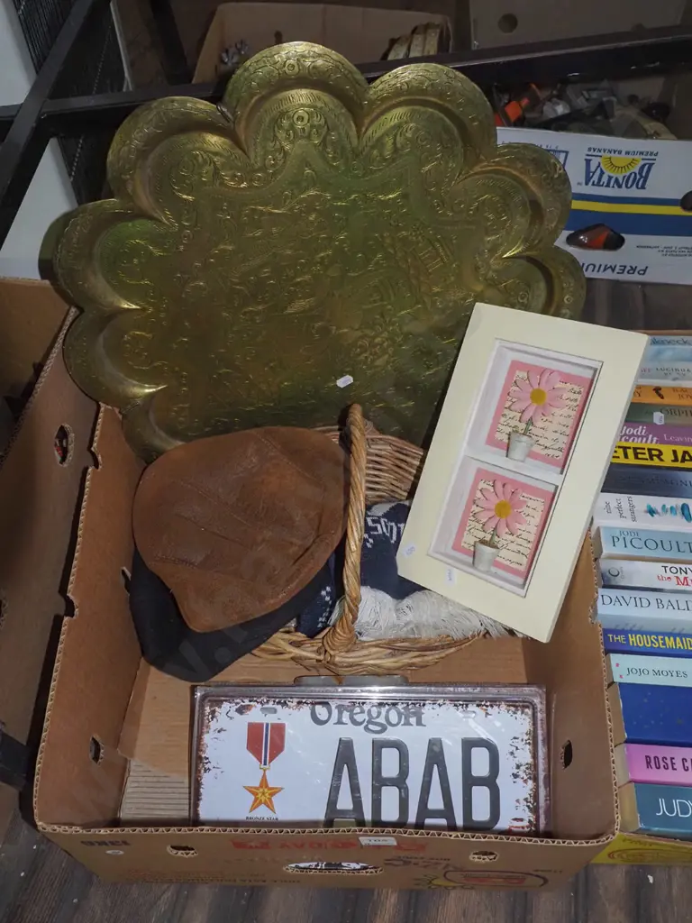 box; large copper tray, shadow box, flowers, gents hats etc Image 1++