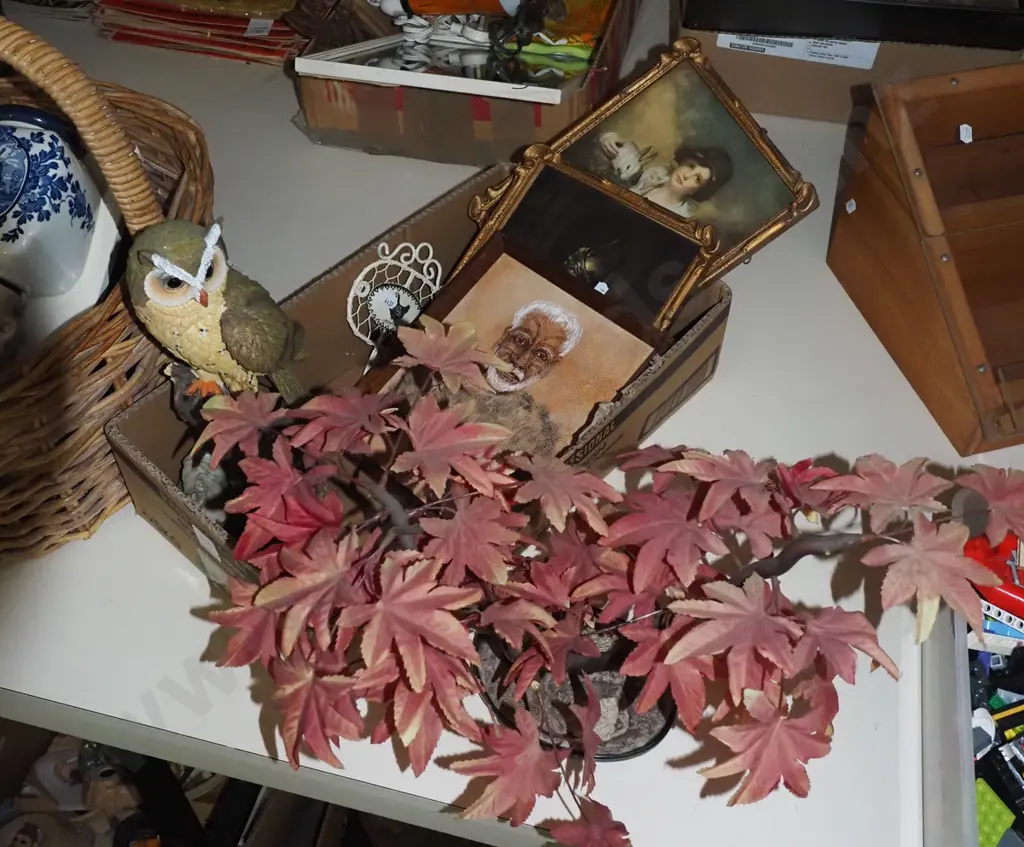 box; small fake bonsai, owl figurine, prints Image 1++