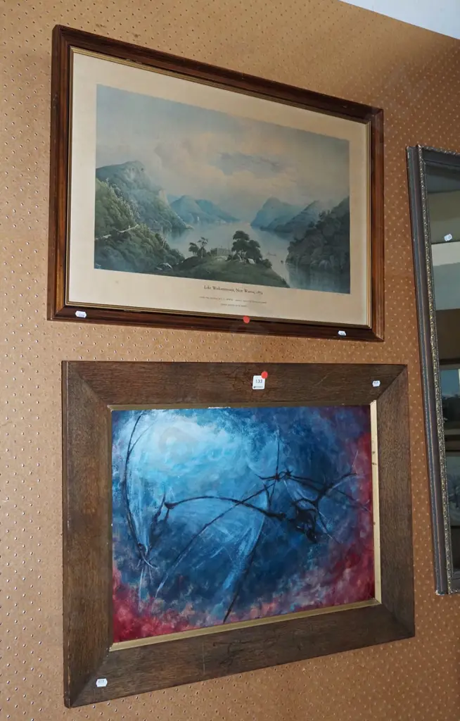 oak framed acrylic abstract, framed NZ historic print - nicotine staining - red dots Image 1++