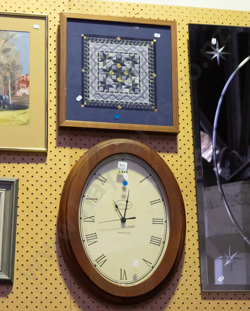 framed needlework, wood framed wall clock - blue dots Image 1++