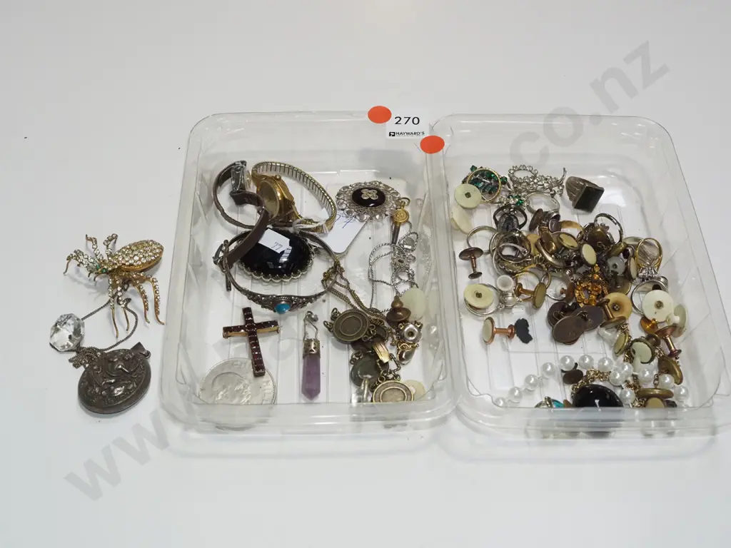 2x trays; brooches, crucifix, coins etc - red dots Image 1++