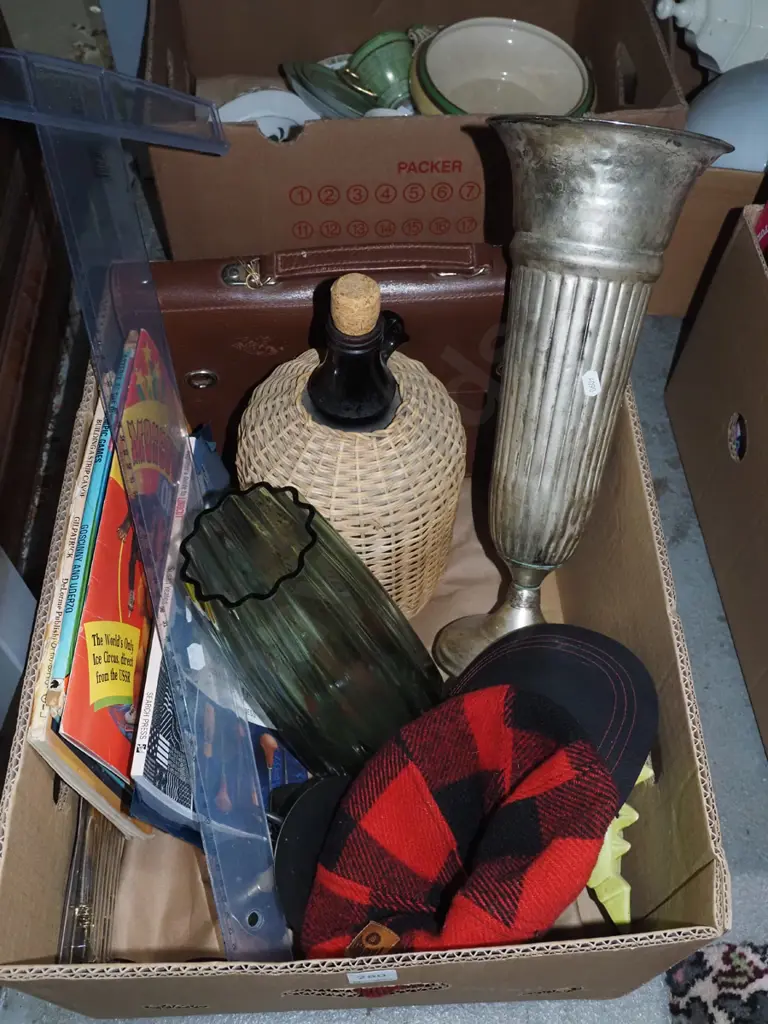 box; green glass vase, draughting square, cap, Asterix books etc Image 1++