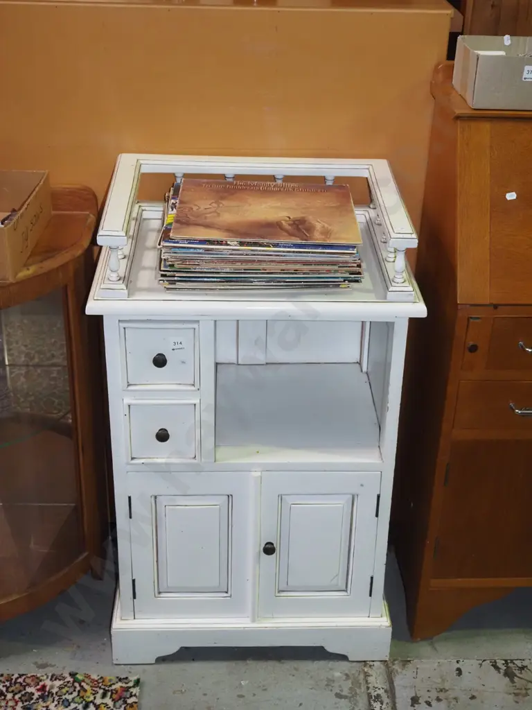 white painted 2 door 2 drawer cabinet with spindle back gallery and square shelf H-920 W-560 D-410 Image 1++