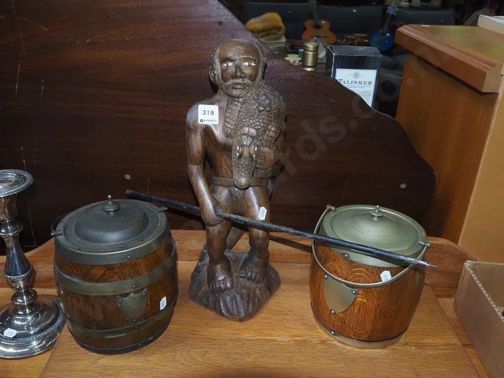 2x oak ice buckets, carved wooden figurine - man with spear H-380 Image 1++